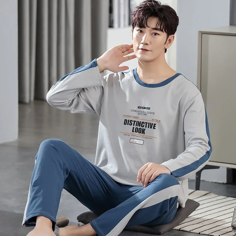 2024 Autumn Long Sleeve 100% Cotton Pajamas Sets for Men Korean Loose High Quality Sleepwear Pyjamas Male Homewear Home Clothes