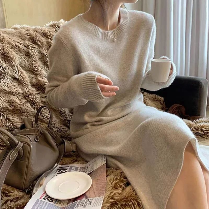 Women's Pure Cashmere Knit Dress Simple round Neck Knee-High Coat Long Sweater Skirt Autumn Winter Fashion New Arrival