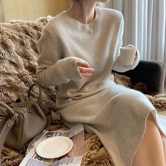 Women's Pure Cashmere Knit Dress Simple round Neck Knee-High Coat Long Sweater Skirt Autumn Winter Fashion New Arrival
