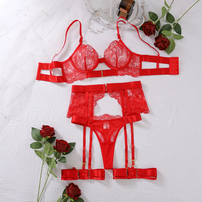 Luxury Black Flower Embroidery Lingerie 4 Pcs Sets Fancy Underwear Mesh Transparent Metal Buckle Bra and Thong Garter Erotic Set