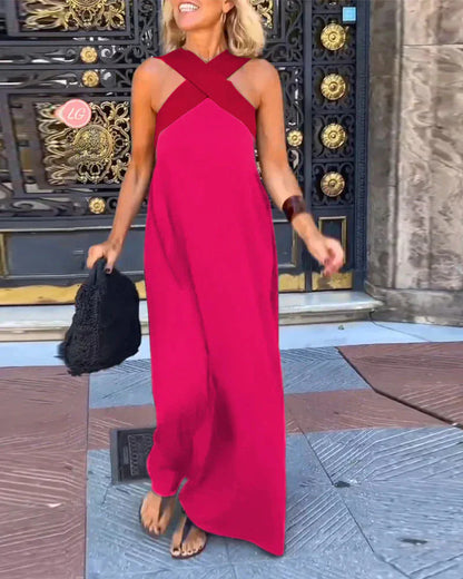 Women's Long Cross Dress Skirt European Style Mid-Waist A-Line Dress Polyester Fabric No-Sleeve Business Wear Single Piece