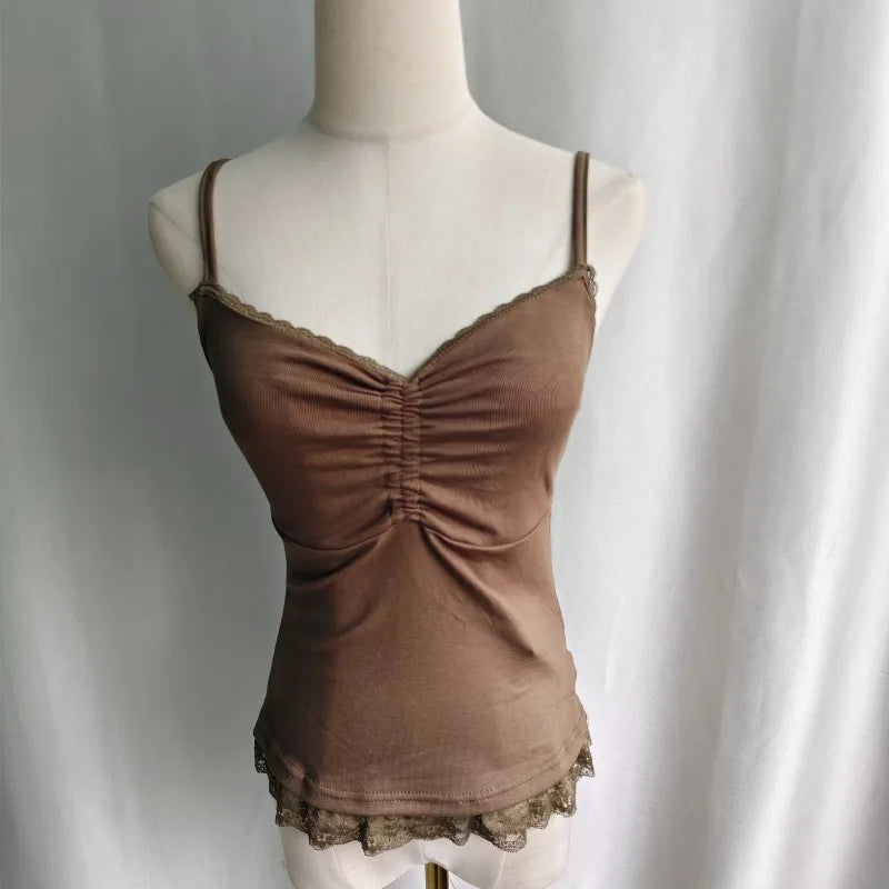Kimotimo Vintage Lace Edge Camisole Vest Women 2026 New Folds Waist Slim Fit Sleeveless Crop Top Sexy Y2k Outerwear Tanks Gothic