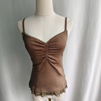 Kimotimo Vintage Lace Edge Camisole Vest Women 2026 New Folds Waist Slim Fit Sleeveless Crop Top Sexy Y2k Outerwear Tanks Gothic