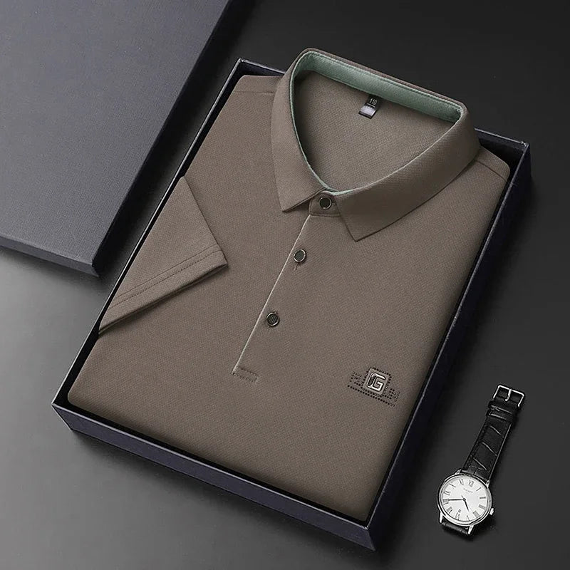 Men's Business Ice Silk Work Shirts Summer Badge Solid Color Polo Shirt Office Wear Man Breathable Comfortable Versatile Tops
