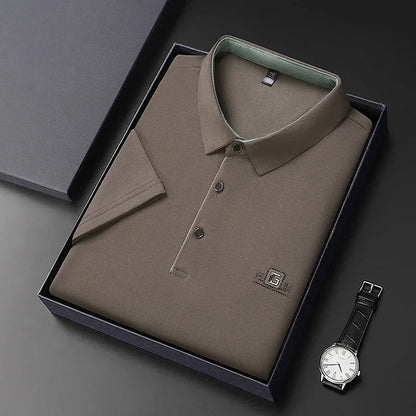 Men's Business Ice Silk Work Shirts Summer Badge Solid Color Polo Shirt Office Wear Man Breathable Comfortable Versatile Tops