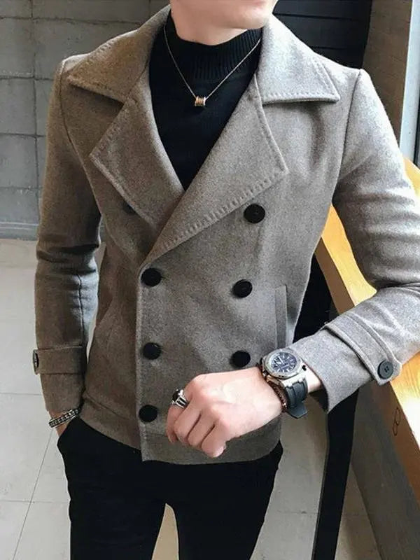 Men's Woolen Coat Short Thickened Winter Fashionable Slim Fit Double Breasted Nylon Jacket Korean Style Windbreaker Outerwear