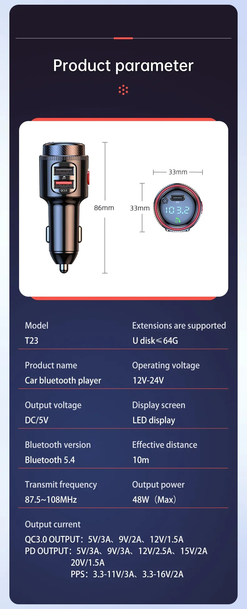 Car MP3 Player FM Transmitter Bluetooth 5.4 PD30W+QC3.0 Dual USB Fast Charge Adapter Wireless Handsfree U Disk Play