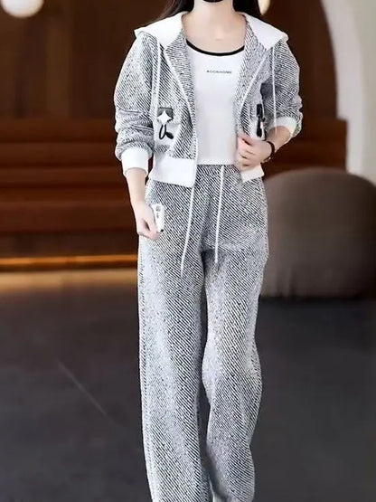Brand Women's Autumn Sweater Jacket Wide Leg Pants Two-Piece Set Korean Style Loose Fit Long Sleeve Zipper Closure Fashion En...