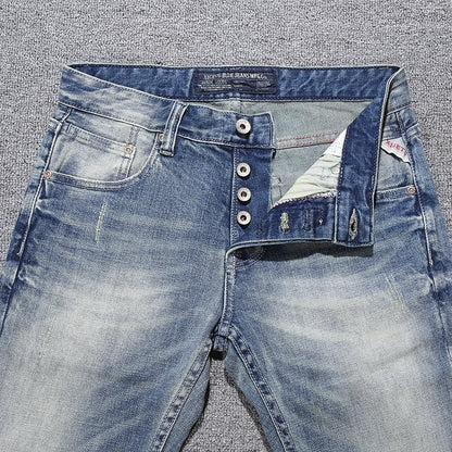 Hombrefashion Y2K Men's Slim Fit Jeans Light Blue Nostalgic Stretch Designer High-Quality Pants for Laundry