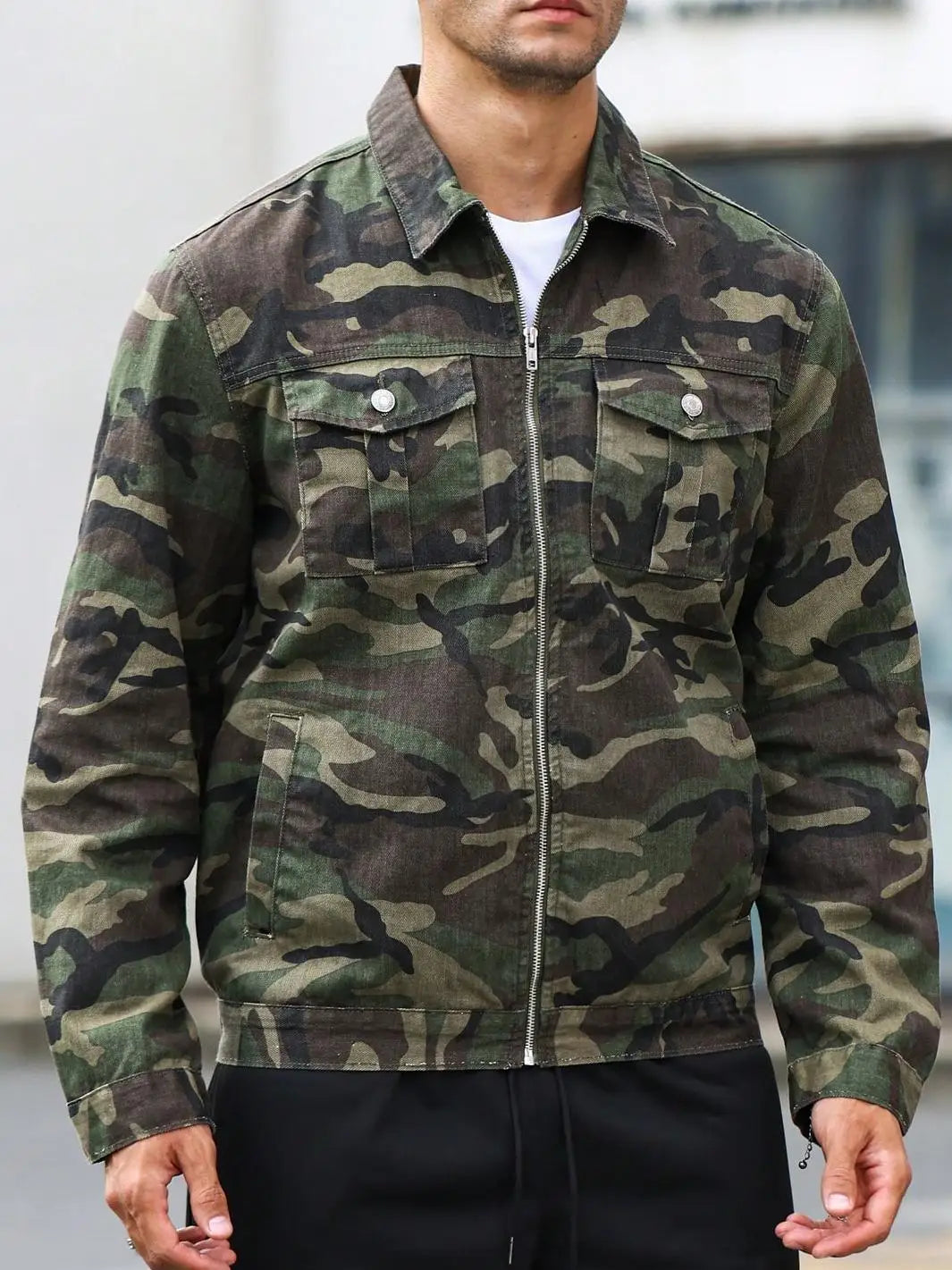 Men's Camouflage Work Jacket, Lapel Zipper Multi-pocket Casual Coat, Retro Trendy Top