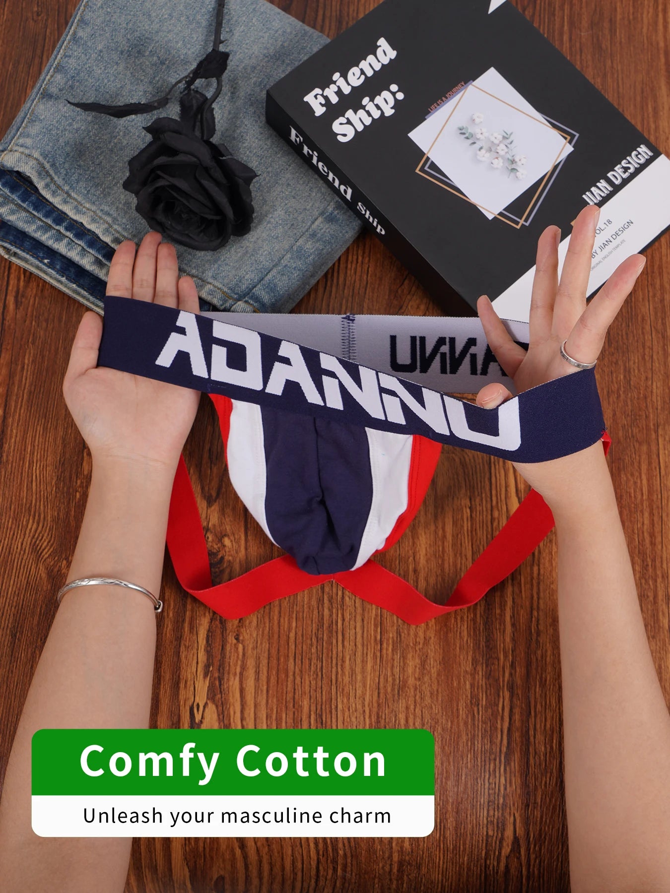 1PCS Men's Cotton World Football Colorblock Double T-Back Thong Convex Pouch Letter Waistband Breathable Daily Underwear