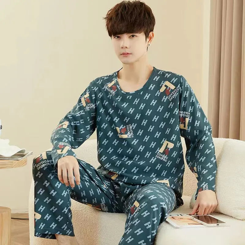 Men‘s Pajama Set Long Sleeve Black Striped Fall and Winter Youth Student Nightwear Loungewear Two Piece Set Sleepwear Homewear