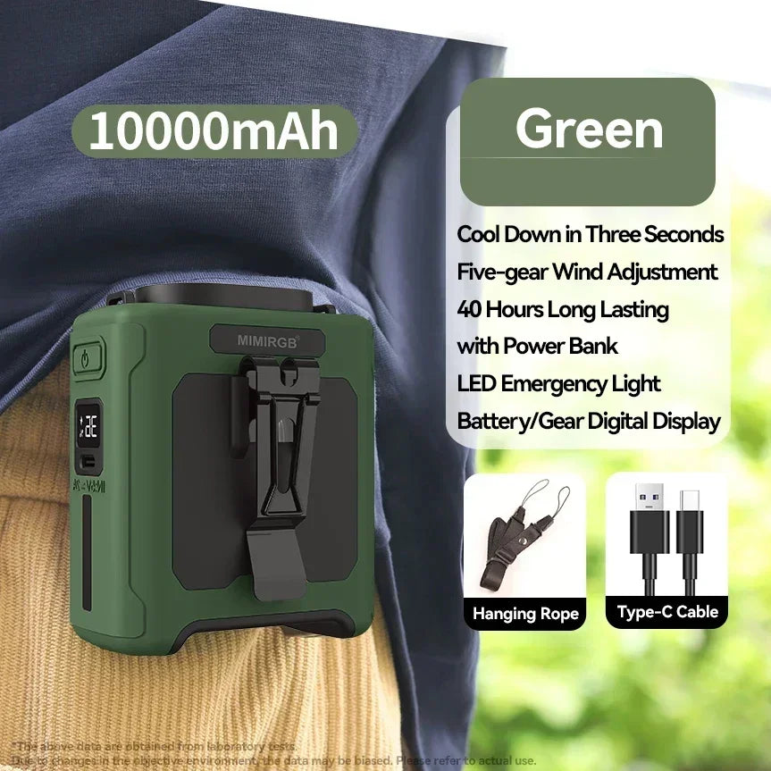 10000mAh Waist Fan Wearable Waist Fan 5 Speeds & Light 40H Hands-Free Cooling for Outdoor Jobsite Travel Long range for outdoor