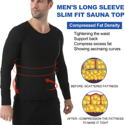 Men Sweat Suit Neoprene Sauna Shirt Fitness Waist Trainer Sweat Gym Long-sleeved Top Workout Slimming Body Shaping Round Neck