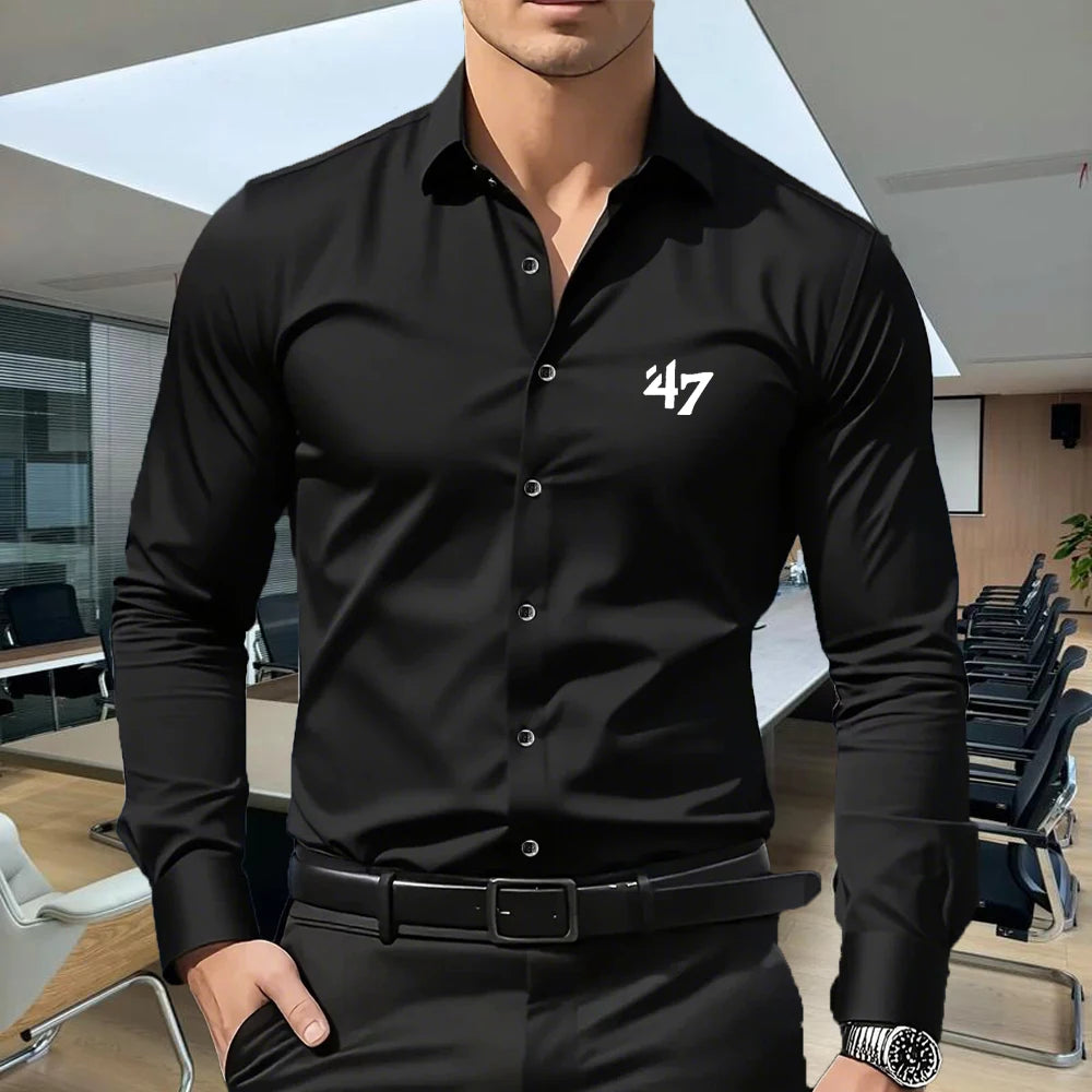 Men's Premium Business Casual Shirt MILANO Logo Print Slim Fit Long Sleeve Wrinkle Resistant Dress Shirt Multi Styles Available