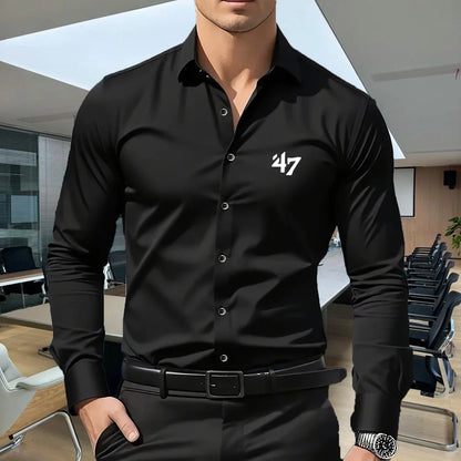 Men's Premium Business Casual Shirt MILANO Logo Print Slim Fit Long Sleeve Wrinkle Resistant Dress Shirt Multi Styles Available