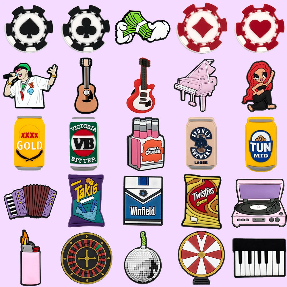 1/25PCS Bar Series Shoe Charms Fashion Women Singer Beer Cigarette Musical Instrument Shoe Accessories Pins for Clog Decorations