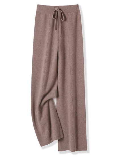 100% Merino Wool Pants Women Autumn Winter Casual Wide Leg Trousers Middle Seam Style Knitted Cashmere Soft Lace-up Trendy Pants