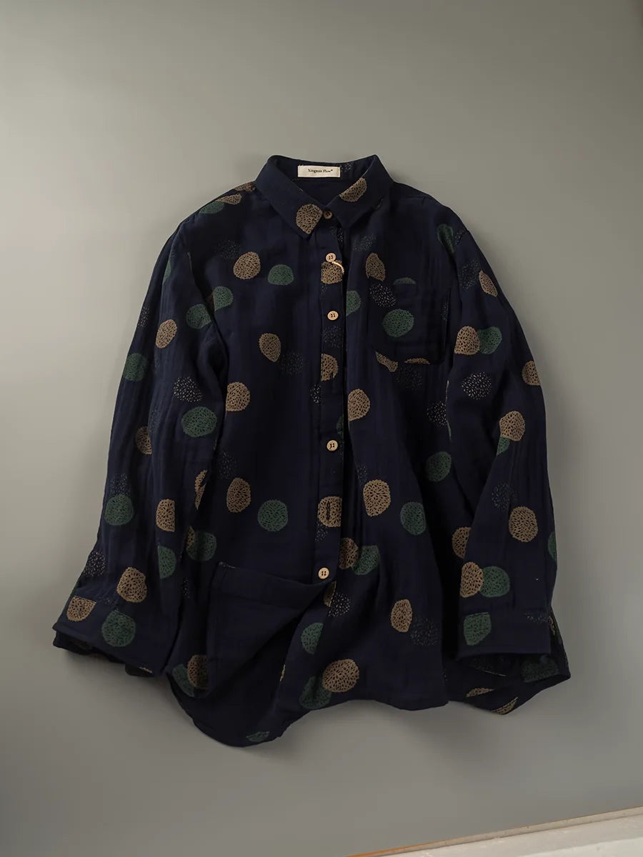 Japan style unique design polka dot print shirts and blouses for women autumn cotton yarn loose thicken long sleeve tops