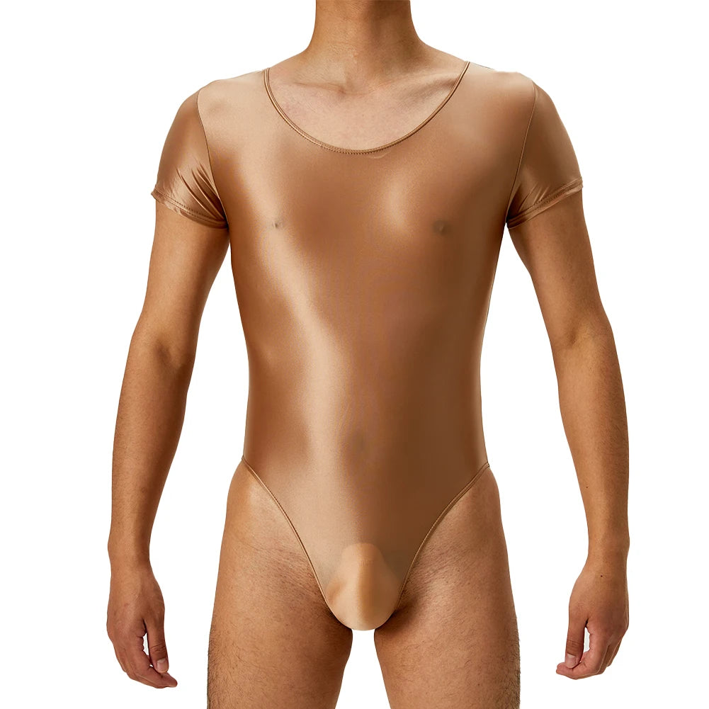 Men's Bodysuit Short Sleeve Oil Shiny High Cut Shapers Leotard Elastic Man Women Sexy Lingerie Jumpsuit Underwear