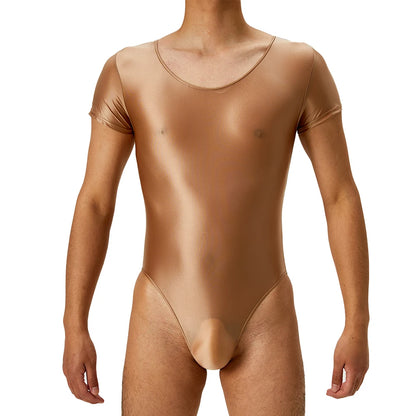 Men's Bodysuit Short Sleeve Oil Shiny High Cut Shapers Leotard Elastic Man Women Sexy Lingerie Jumpsuit Underwear