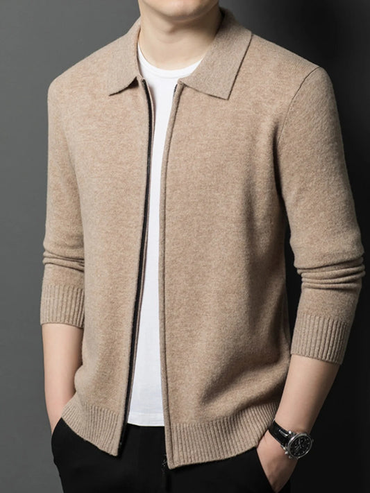 Spring and Autumn Pure Cashmere Cardigan Men's New Casual Lapel Solid Color Zipper Men's Thickened Sweater Jacket