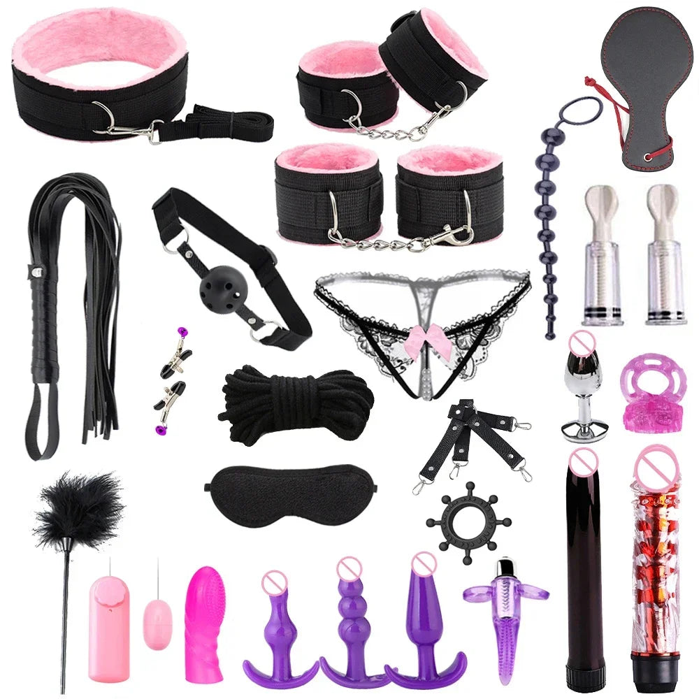 Hot Exotic Bed Bondage Set BDSM Kits Exotic Sex Toys For Women Adults Games Leather Handcuffs Whip Gag Nipple Clamps Sex Shop