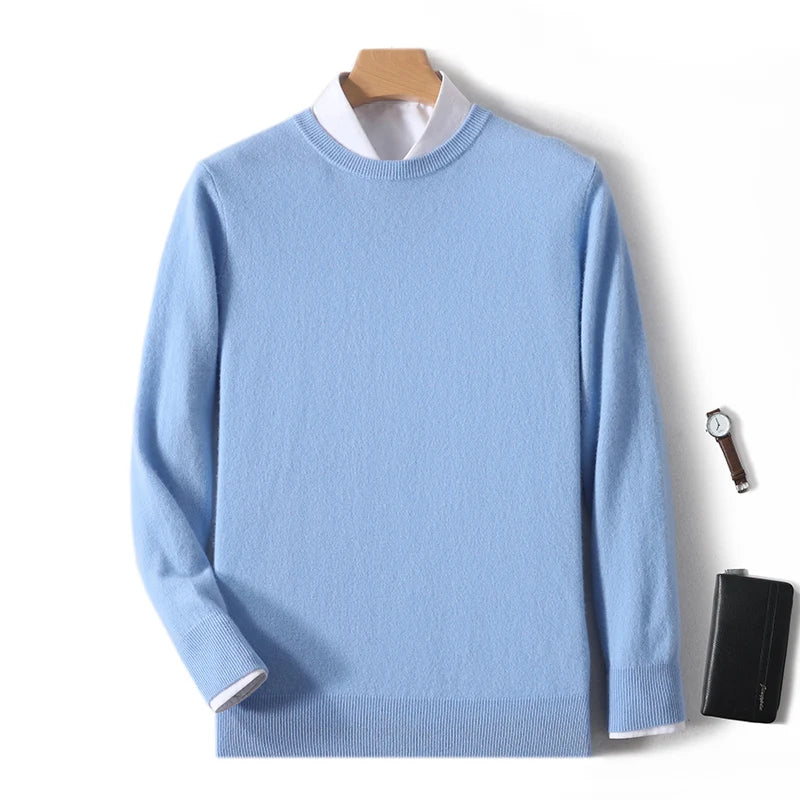 2025 100% Pure Merino Wool Men's Round Neck Pullover Solid Color Plus Size Casual Sweater Autumn And Winter Sports Cashmere Top