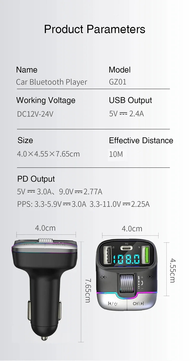 FM Transmitter Bluetooth 5.4 Hands-Free Portable Car AUX Radio Modulator MP3 Player with Fast Charging Adapter