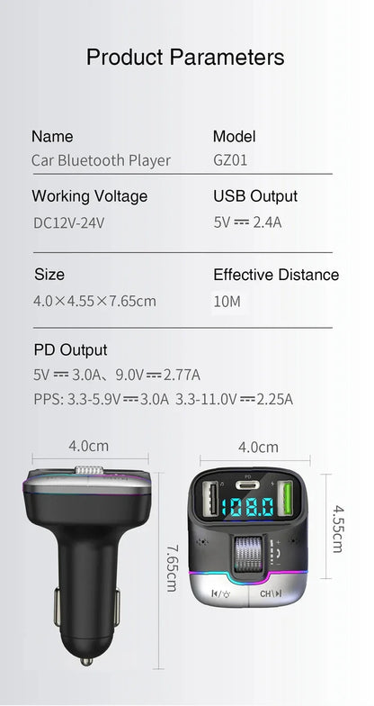 FM Transmitter Bluetooth 5.4 Hands-Free Portable Car AUX Radio Modulator MP3 Player with Fast Charging Adapter