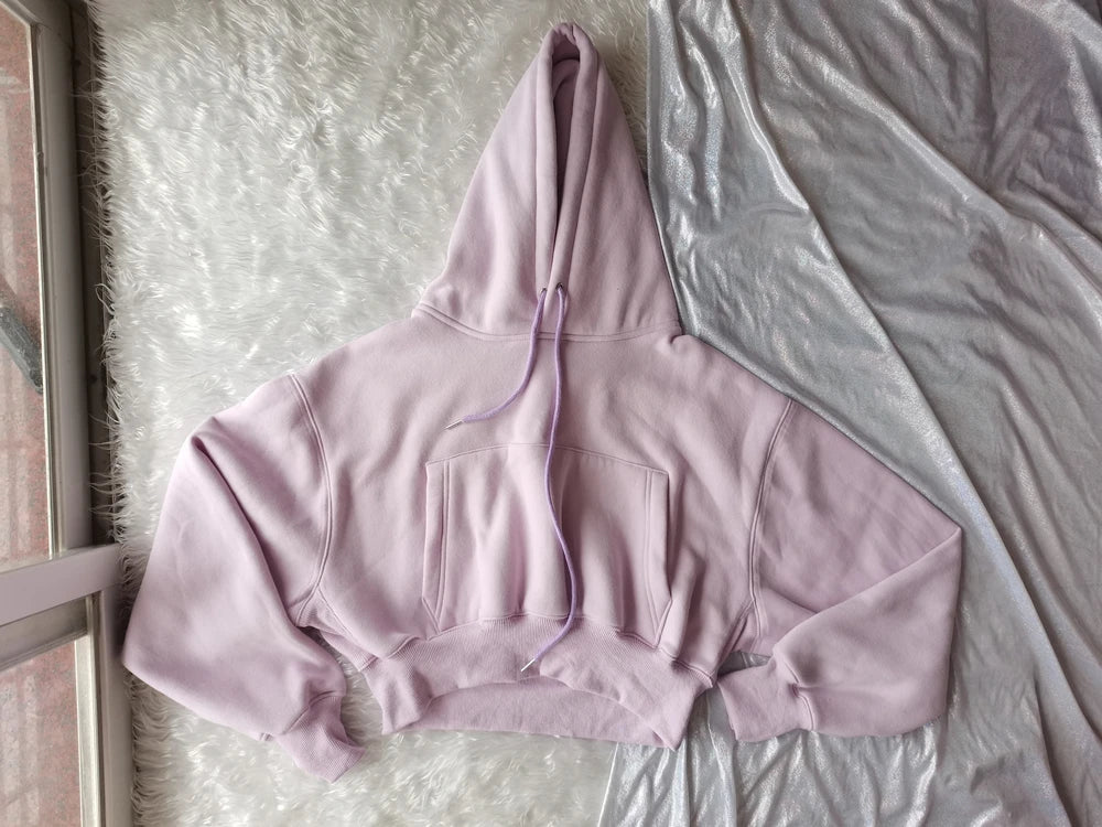 Basic Wear Black Charcoal Hoodies for Women Autumn Winter Loose Fleece Hooded Sweatshirts Streetwear Cropped Pullovers