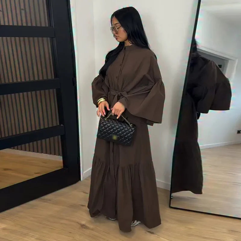 Casual Women Dress Belt Cinched Waist Long Sleeve High Collar Solid Single Breasted Female Dress Chic Lady Commute Summer 2026