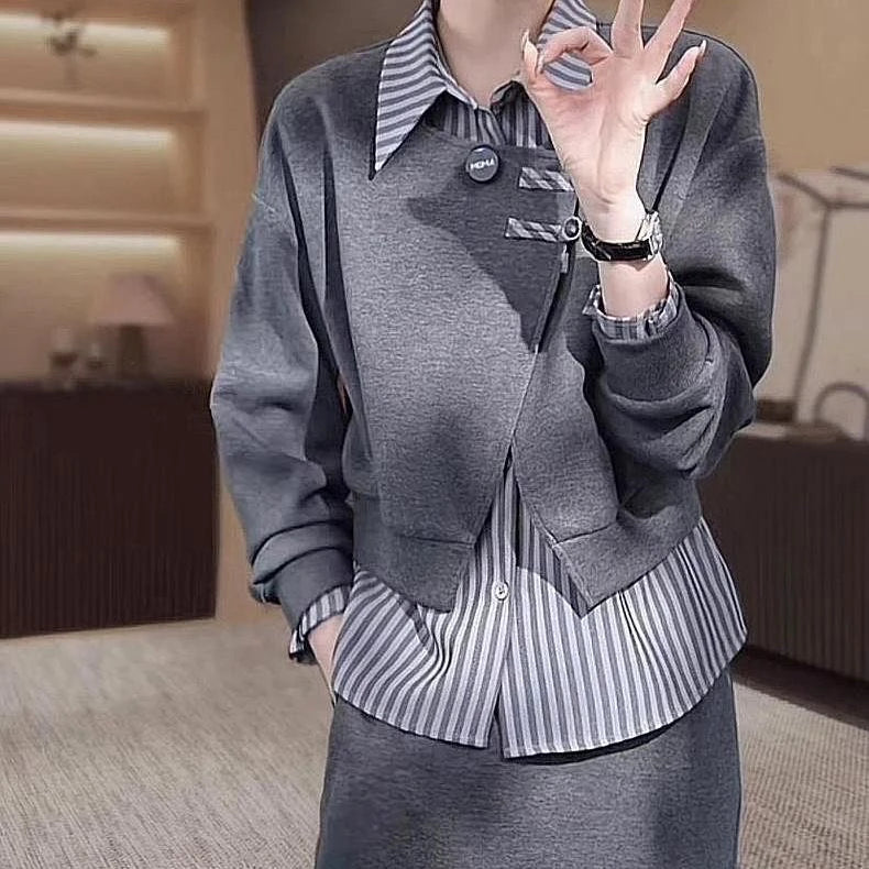Fashionable Fake Two-Piece Hoodie Split  Skirt Set Women's Long Sleeve  Collar Polyester Fiber Slimming Design Autumn...