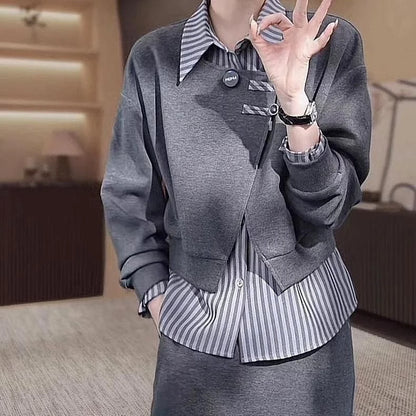 Fashionable Fake Two-Piece Hoodie Split  Skirt Set Women's Long Sleeve  Collar Polyester Fiber Slimming Design Autumn...