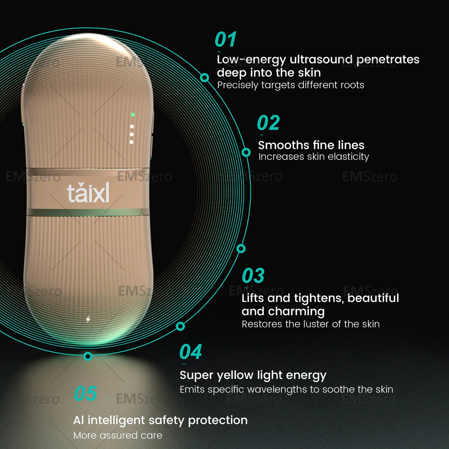 Portable Ultrasound Skin Care Tool with Yellow Light Energy Lift Tighten Restore Skin Luster AI Safety Protection