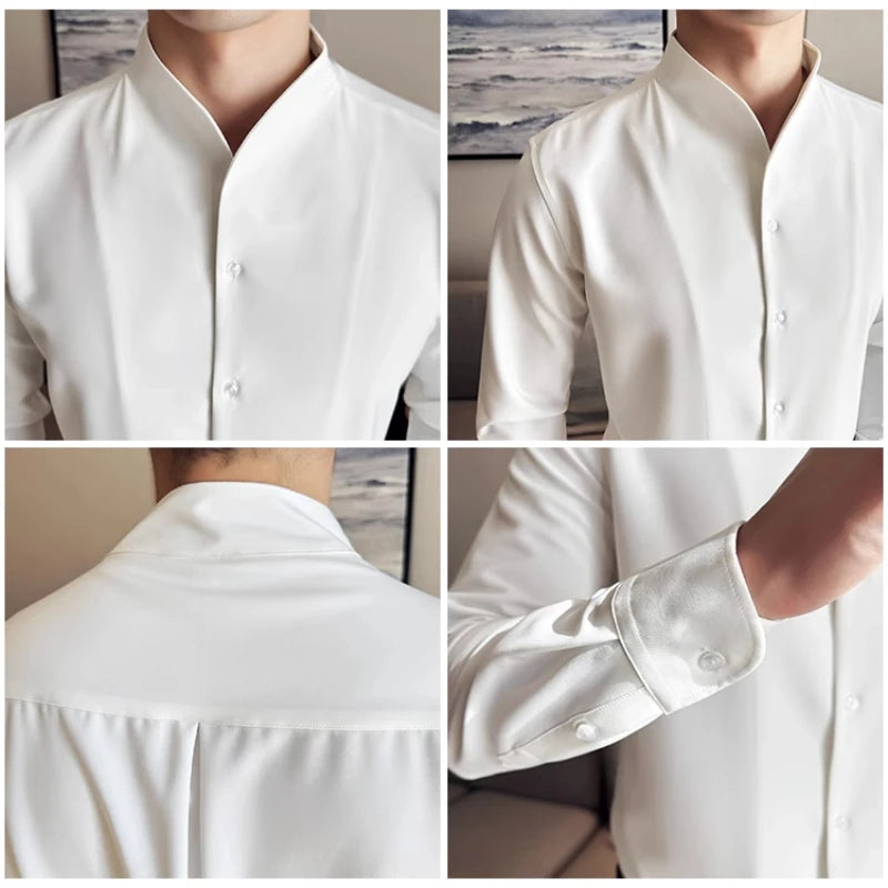 Advanced Sexy V-neck Men's Long Sleeved Shirt Designer Stand Up Collar Shirt Business Social Slim Fit Black and White Top