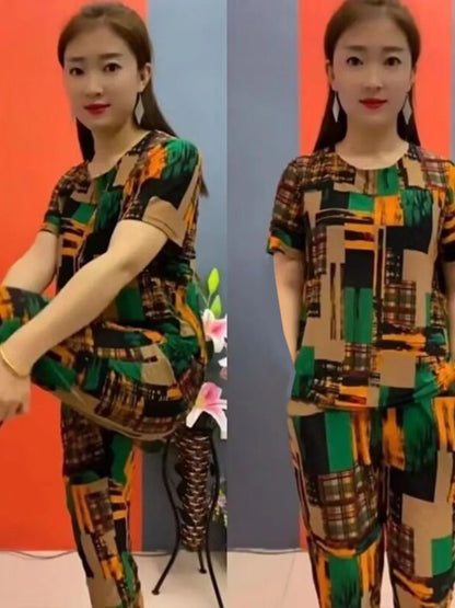 Summer 2025 Ice Silk Loose Fit Short Sleeve round Neck Two Piece Set for Middle-Aged And Elderly Casual Style Comfortable Wear