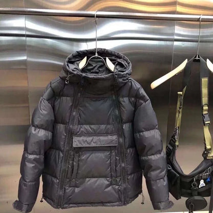 Tactical Double Zip Jacket Hooded Parkas Men Winter Down Cotton Coat Black Pullover Glossy Padded Jackets Casual Warm Outerwear