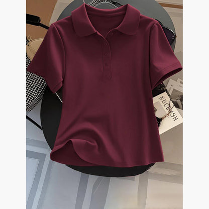 Loose Fit Women's  Neck Short Sleeve Cotton T-Shirt Casual Button up Top Korean Style Summer Fashion Ladies' Shirt