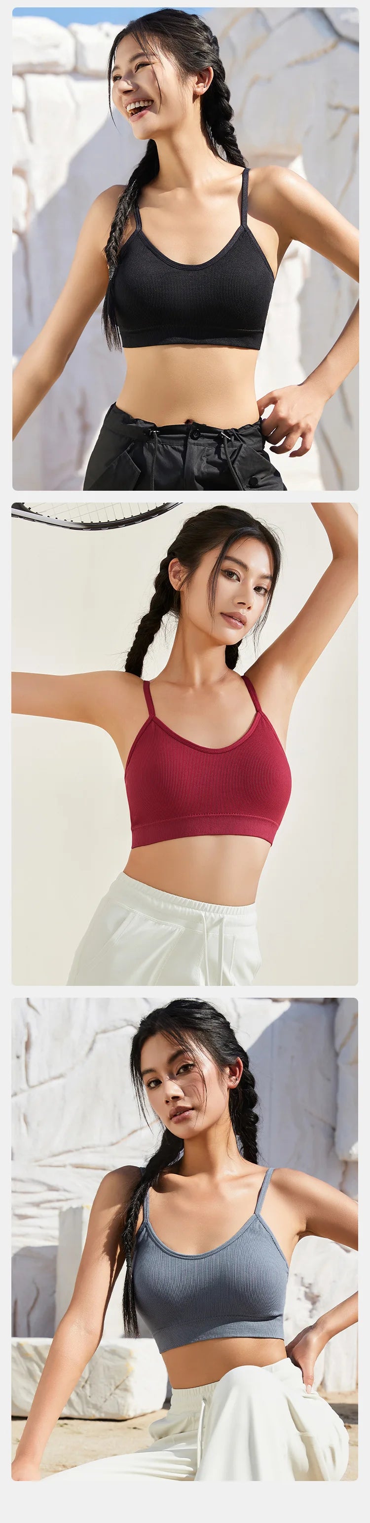 3PCS Women's Ribbed Cotton Bra With Chest Cushion Beautiful Back Sling Tank Top for Yoga Girl's Shock-absorbing Sports Underwear