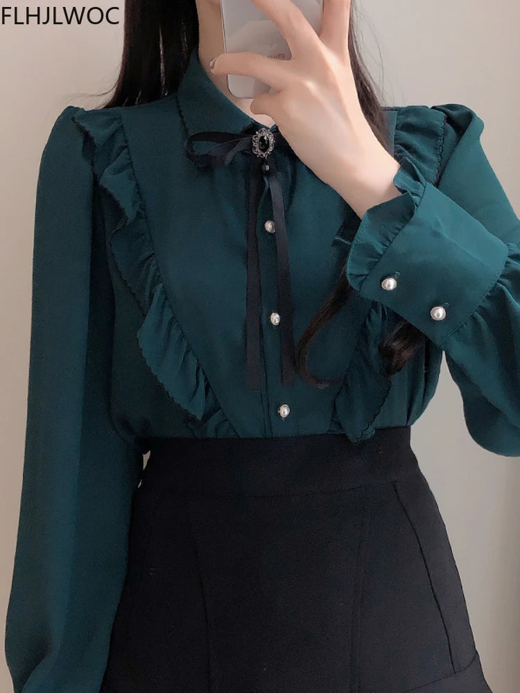 2025 Woman Cute Sweet Girls Thin Semi Transparent Ribbon Bow Tie Retro Vintalge Top Blusas Purple Green White Button Shirts