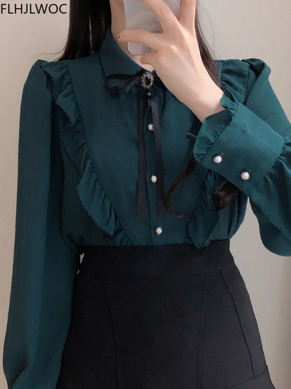 2025 Woman Cute Sweet Girls Thin Semi Transparent Ribbon Bow Tie Retro Vintalge Top Blusas Purple Green White Button Shirts