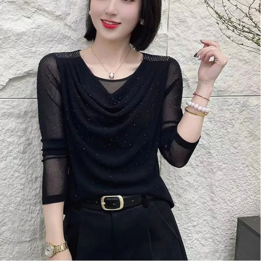 Ladies Fashion Slim Simplicity Elegant Trend Sexy Temperament Solid Color Long Sleeve Net Yarn Pullover Summer New Style Tops