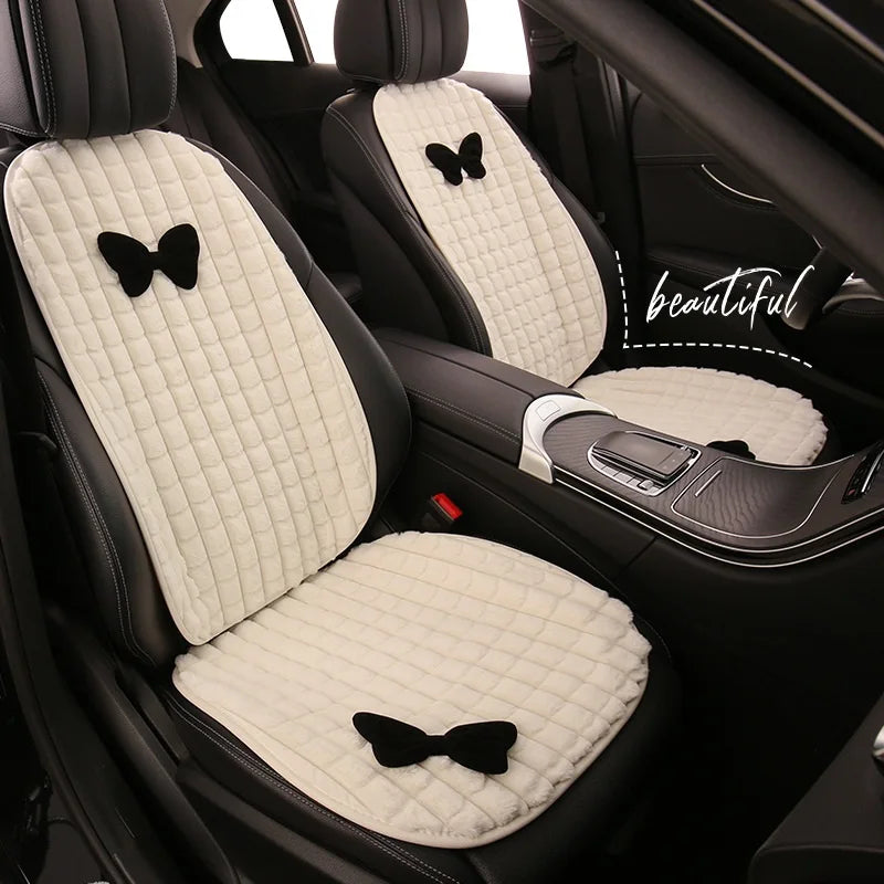 Bowknot Women's Car Seat Cover Winter Plush Warm Girl Cute Car Cushion Pink Bow Headrest Waist Car Interior Accessories