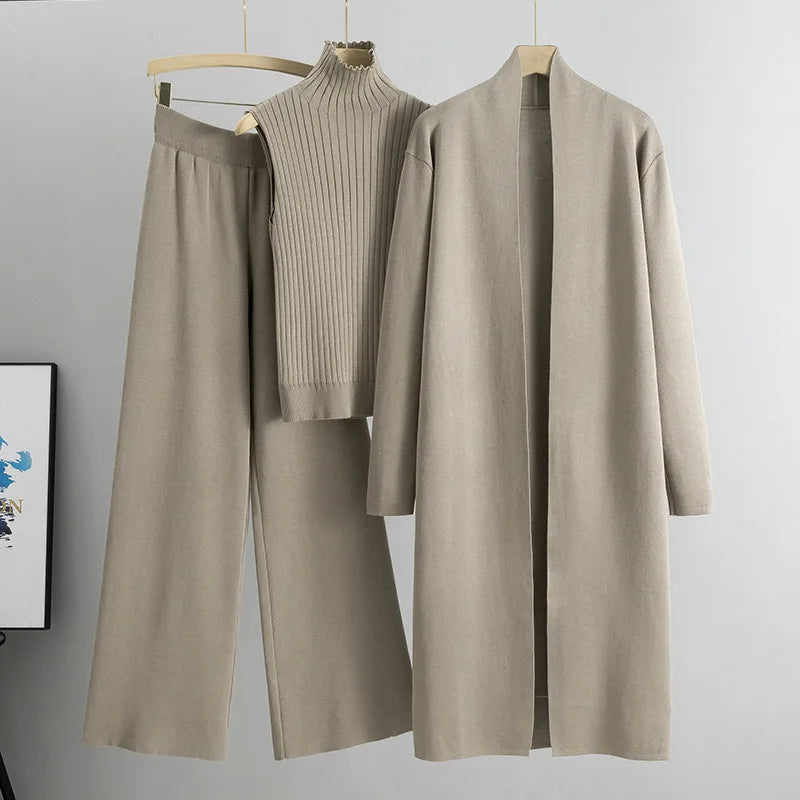 2025 Autumn Winter Women Long Cardigan 3 Piece Set Knit Pants High Neck Vest Wide Leg Trousers Outfit