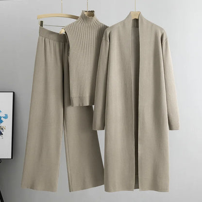2025 Autumn Winter Women Long Cardigan 3 Piece Set Knit Pants High Neck Vest Wide Leg Trousers Outfit