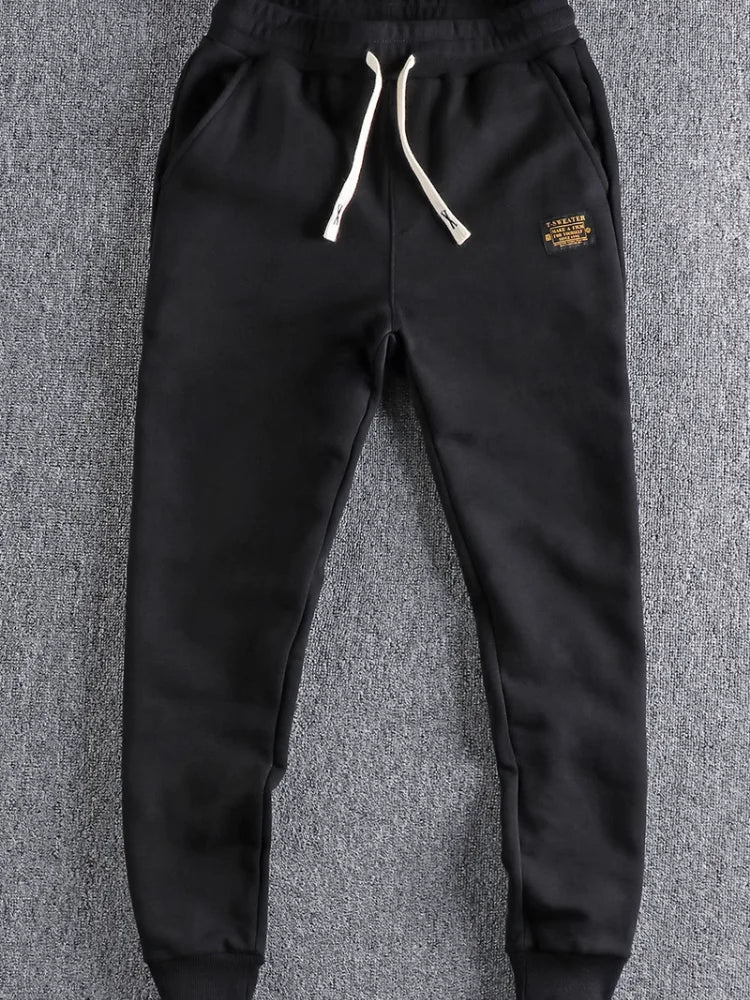 Autumn Winter American Retro Heavyweight Velvet Sweatpants Men's Fashion Pure Cotton Drawstring Sport Casual Ankle-tied Pants
