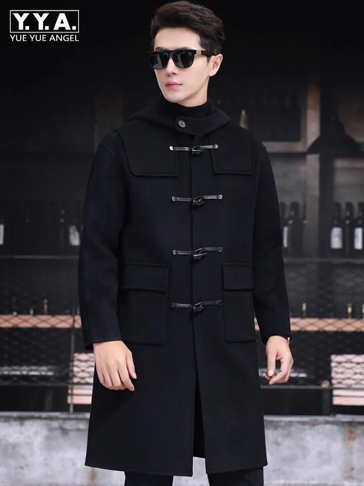 Mens 100% Wool Trench Overcoat Vintage Horn Button Hooded Long Coat Double Faced Sheep Fur Loose Fit Windbreaker Woolen Blends