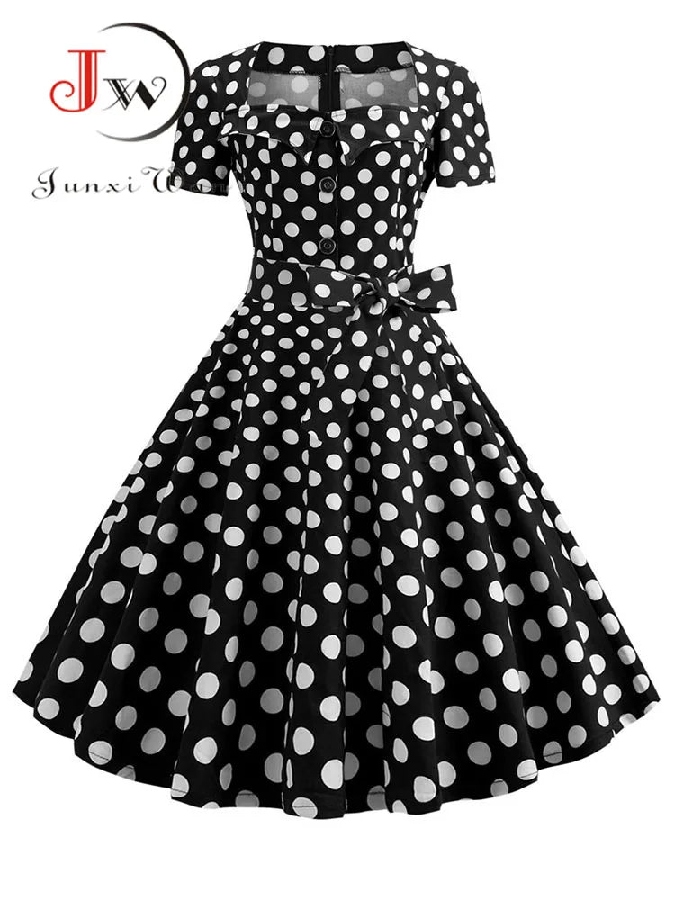 Women's Polka Dot Summer Midi Dress Square Collar Short Sleeve Elegant Vintage Casual Party Holiday Wear