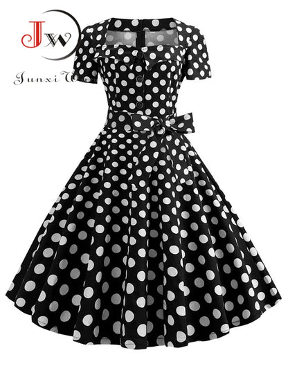 Women's Polka Dot Summer Midi Dress Square Collar Short Sleeve Elegant Vintage Casual Party Holiday Wear
